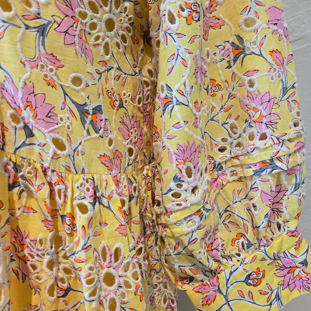 dRA Los Angeles Yara Yellow Floral Eyelet Mini Dress Cotton Sun Dress XS Boho - Picture 6 of 16